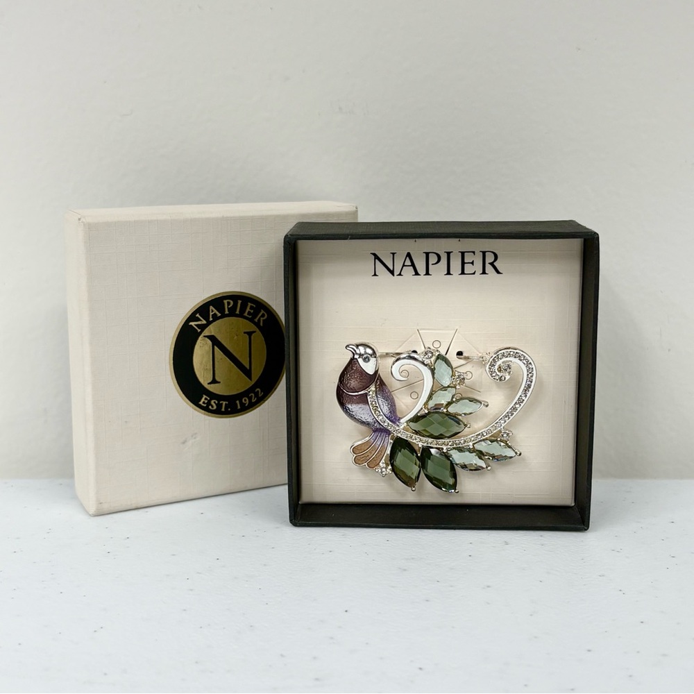 Napier Peacock Silver Tone Brooch Purple Enamel & Green Crystal Pin New In Box